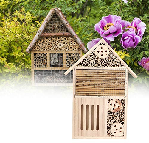 YUEHISY Casa de Insectos para Jardín Al Aire Libre, Caja Nido de Abejas de Madera con Canales Tubulares para Abejas Solitarias, Refugio de Madera Natural de Nogal, Hábitat Beneficioso para Insectos