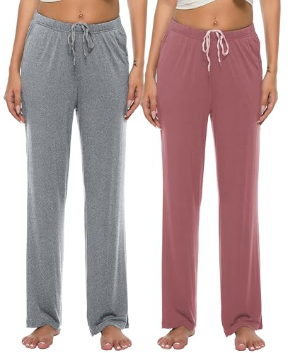 JINSHI Femme Bas de Pyjama Pantalon Long Doux Modal Vêtements de Nuit Élastique avec Poches Lot de 2 Rose Violet/Gris Clair M