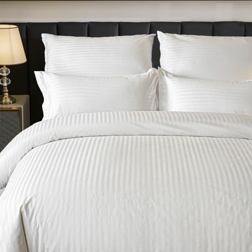 Amolavet Juego de ropa de cama de hotel 135 x 200 cm, algodón, color blanco, 2 piezas, 135 x 200 cm, satén mako, diseño de rayas, color blanco con cremallera, para verano