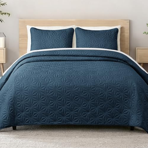 Whale Flotilla Couvre-Lit 240x260 cm avec 2 Taies d'oreiller, Dessus de Lit Gaufré Doux Léger avec Motif Géométrique pour 4-Saisons, Bleu Marine