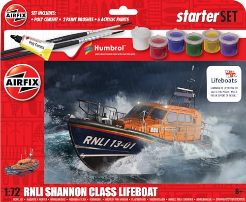 Airfix Starter Set - A55015 RNLI Shannon Class Lifeboat Model Building Kit - Plastic Model Boat Kits for Adults & Children 8+, Set Includes Decals, Acrylic Paints, Brushes & Poly Cement - 1:72 Scale