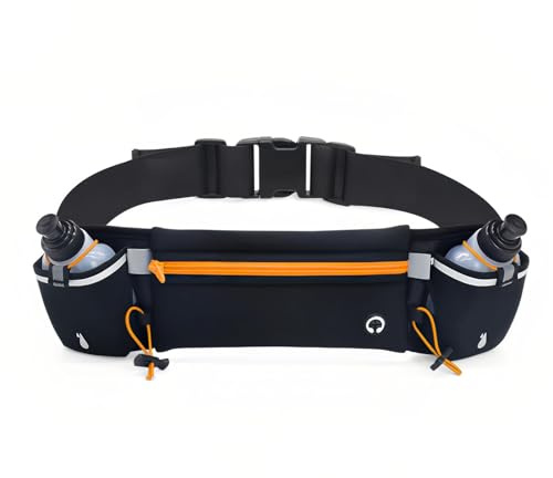 Running Belt with Water Bottles(2x180ML) Fathers Day Dad Gifts Adjustable Hydration Waist Pack Bag,Waterproof Sports Pouch with Water Bottle Belt for Marathon Running,Hiking,Cycling(Black+Orange)