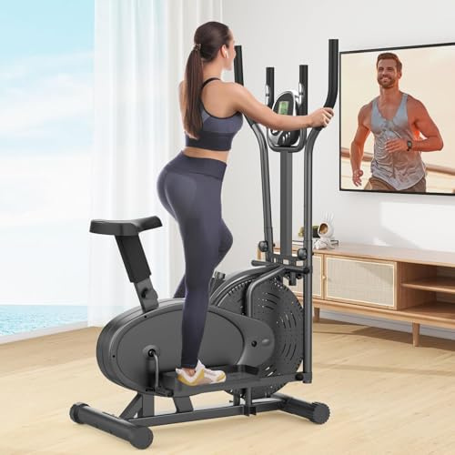 Cowmew Elliptical Cross Trainer, 2 in 1 Cross Trainer Exercise Bike with Adjustable Seat, LCD Monitor, Pulse Sensor & Adjustable Resistance, Max Weight 265LBS Exercise Machine for Home Gym, Black