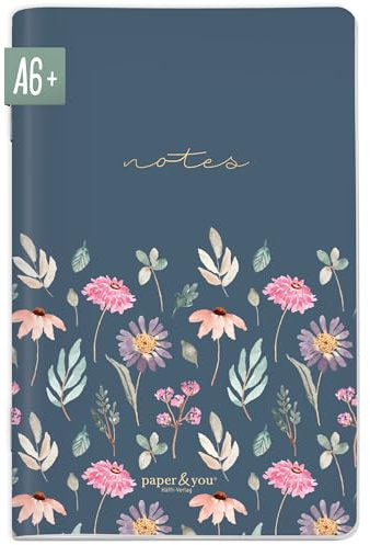 paper&you® Notizheft A6+ Punktraster Flying Flowers mit 64 Seiten, Notizbuch klein, Mini dotted Journal - nachhaltig & klimafreundlich