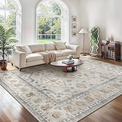 GENIMO Rugs Living Room 200x290cm - Washable Large Rug Short Pile Non-Slip Carpet,Soft Durable Easy Clean Beige Rug for Dining Room,Home Office