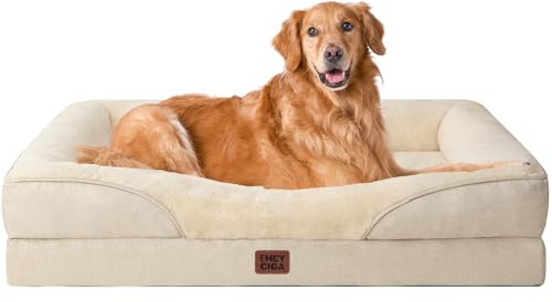 EHEYCIGA Mousse Mémoire Panier Chien Grande Taille Orthopédique, Canapé pour Chien XL Déhoussable Lavable, Coussin Chiens Antidérapant & Imperméable, 106.5x76x18.5 cm Beige