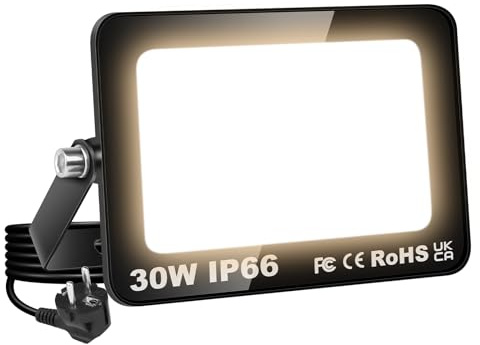 RIGIDON 30W Projecteur Exterieur led, 3000LM Spot LED Extérieur avec Prise, 3000K Blanc chaud Eclairage Exterieur Etanche lumière de Sécurité pour Jardin, Patio, Cour, Garage, Entrée,Terrasse
