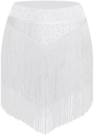 inhzoy Falda de Baile para Mujeres Adultas Elegante, Falda Latina con Flecos y Cintura Elástica, para Competencias Blanco M