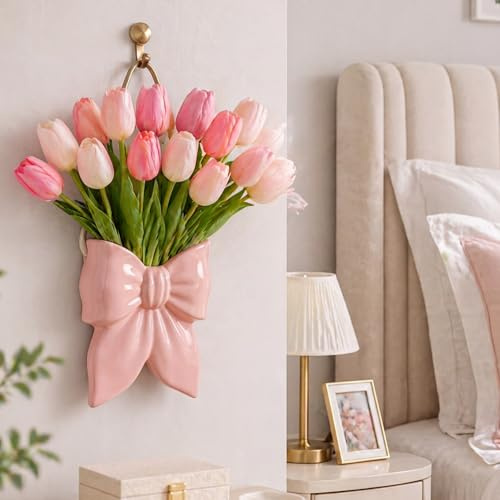 Ninehaoou Boho Wall Vase for Flowers Butterfly Bow Wall Planter Ceramic Bow Hanging Vase Flower Pot Spring Coquette Cute Room Decor for Indoor Plants Living Room Home Bedroom Indoor Outdoor(Pink)