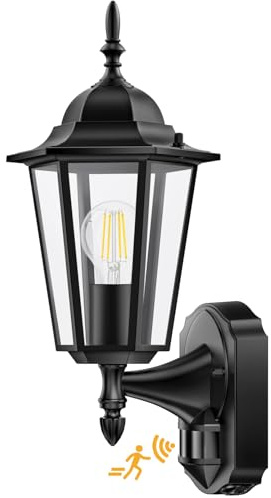 Lamomo Outdoor Wall Lights, Outside Lights with Motion Sensor, Waterproof Aluminium PIR Security Light Mains Powered, Traditional Black Lamp for Front Door Garage, E27 Bulb Base