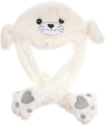BCOATH Sombrero de Peluche con Orejas Móviles Divertido Gorro Animal para Fiesta para Carnaval y Disfraces Infantiles Diseño de León Marino de Felpa Cálida y Suave