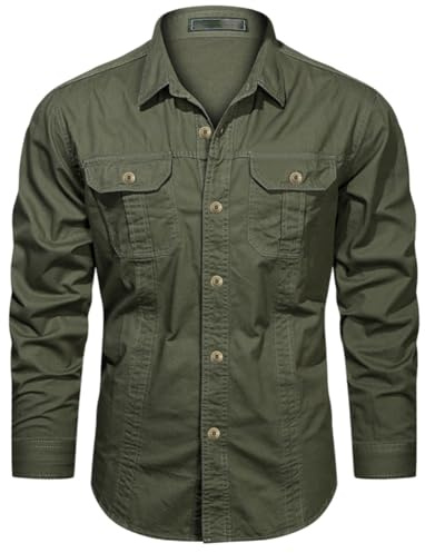 Hombre Camisas de Trabajo de Algodón, Ropa de Militar de Manga Larga con Botones,Cargo Shirts, 2 Bolsillos, Regular Fit para Pesca, Tala, Senderismo, Caza