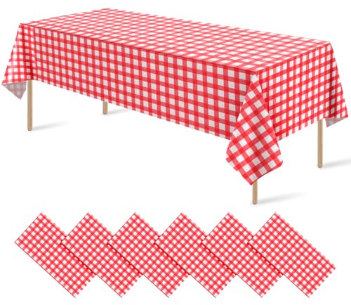 6 Pack Red and White Gingham Tablecloth, 108 x 54 Inch Checkered Plastic Wipeable Waterproof Table Cover for Picnic, BBQ, Summer Garden Party, Italian Night, School Events, Indoor & Outdoor Dining