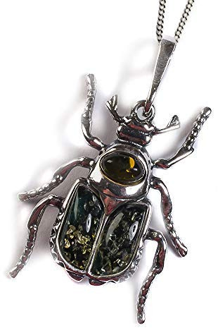 HENRYKA Silver och grön bärnsten ädelt skav skalbagge halsband, Silver Amber, Amber
