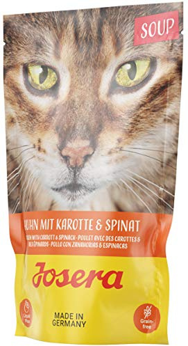 JOSERA Soup de pollo con zanahoria y espinacas (16 x 70 g) | Adulto | Comida húmeda premium para gatos adultos | pollo en sopa con verduras | sin cereales | Comida para gatos húmeda en bolsa fresca |