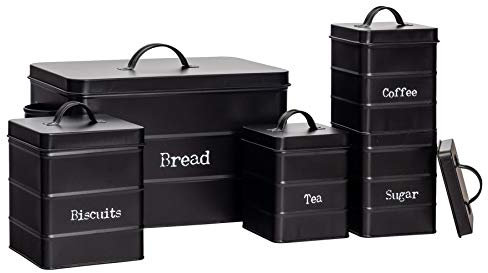 Harbour Housewares Metal Kitchen Canisters Set - Black - 5pc Set - Vintage Loose Tea Coffee Beans Granulated Sugar Storage Container Biscuit Tin Caddy Bread Bin Storage with Airtight Lid