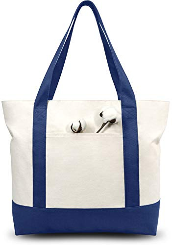 TOPDesign 1-Pack Canvas Tote Bag with an External Pocket, Reusable Grocery Shopping Bag, Top Zipper Closure, Daily Essentials (Blue/Natural)