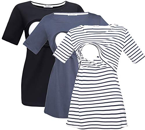 Bearsland Women's 3 Packs Maternity Nursing Tops Short Sleeve Breastfeeding Shirts,blagrablublawhistripe,L