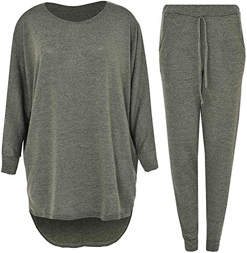 ZEE FASHION 2 Piece Track Suit Set High Low Top and Bottoms Casual Loungewear Sweatshirt Jog (Khaki High Low Top Bottom, XXL (UK-Size 20-22))