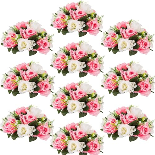 Inweder Wedding Flower Balls for Centerpieces - 10 Pcs Artificial Flower Ball Arrangement Bouquet Fake Flowers Silk Rose Balls with Base for Weddings Table Party Home Room Decor Pink & White