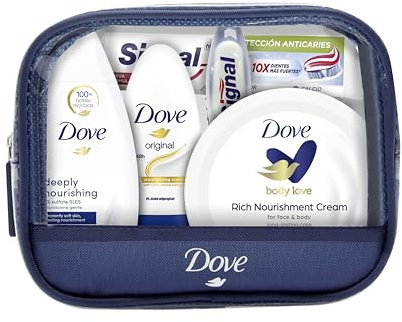 Dove Neceser Mini de Viaje para mujer contiene Gel de Ducha 55ml + Antitranspirante Roll On 50ml + Tarro de Crema Intensiva 75ml + Dentífrico Signal 16ml+ Cepillo de Dientes Signal
