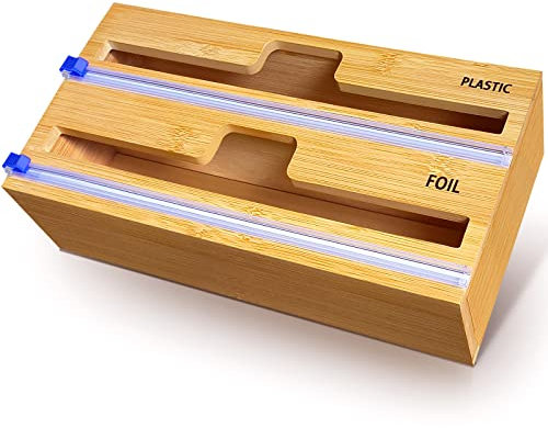 QINGLOU Folienschneider,2 in 1 Folienspender Mit Cutter, Bambus/Folienabroller,Frischhaltefolie, Wachspapierrolle Bambusholz Organizer Für Küchenschublade (2 in 1)