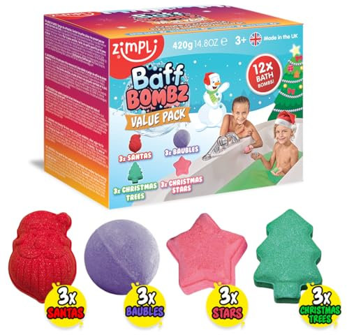 ZIMPLI - 12 Bombe da Bagno Natalizie, Riempi Calze per Bambini, Fizzers da Bagno, Regali di Natale per Bambini e Bambine, Biologiche, Idratanti, Vegan Friendly e Cruelty Free