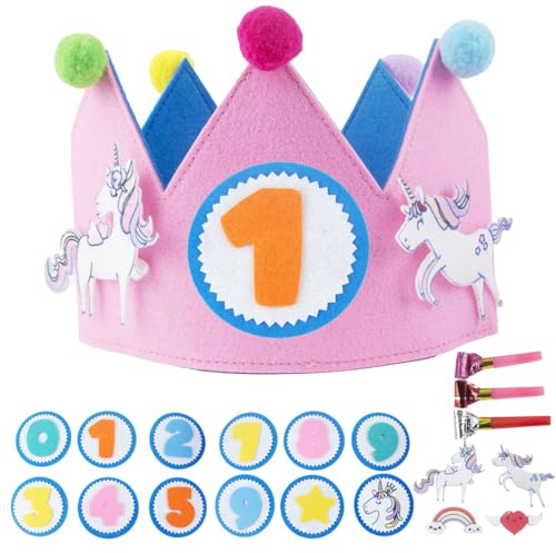 GWAWG Sombreros de fieltro reutilizables con corona de cumpleaños para niños de 1 a 9 años, accesorios para fotos de cumpleaños con velcro ajustable, diademas para decoración de cumpleaños para niños