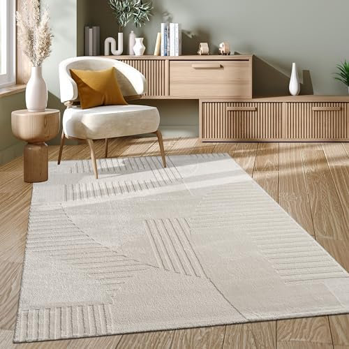 Paco Home Teppich Wohnzimmer Schlafzimmer moderner Kurzflor Abstrakte Organische Designs Geometrisch 3D Effekt hochwertig weich Creme, Grösse:120x170 cm, Farbe:Creme 3