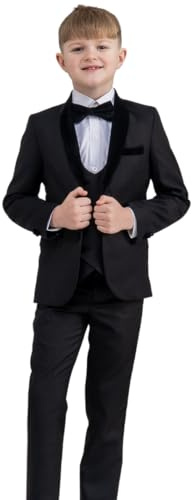 Milano Mayfair, Boys Black Tuxedo Suit with Velvet Lapel, Boys Wedding Page Boy Party Prom Suit, 12-18m to 14 Years (UK, Age, 11 Years, Regular, Black)