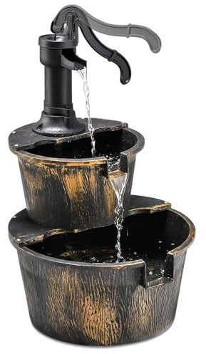 SOARS Gartenbrunnen 2-stufig, Springbrunnen mit Wasserpumpe & einstellbarem Wasserdurchfluss, Wasserbrunnen Holz Design, Zimmerbrunnen, Gartendeko für außen Balkon Terrasse, Bronzefarben