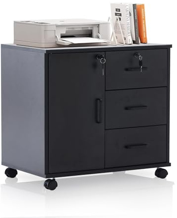 TUKAILAi Caisson de Bureau Mobile à 4 Tiroirs, Support Imprimante Mobile Classeur avec Roulettes, Armoires de Rangement 2 Tiroirs Verrouillable, Format A4 Dossiers Suspendus (Noir)