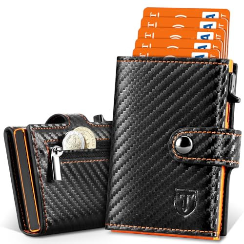 TENBST Geldbörse Herren Slim Wallet mit RFID-Schutz | Stilvoll Kohlefasermuster Portemonnaie Herren mit Münzfach | Tragbar Geldbeutel Herren | Mini Kreditkartenetui Kartenetui Männer | Orangeschwarz