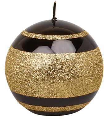 G Decor Candele a colonna sferiche con effetto vetro, strisce glitterate, nere e dorate (sfera)