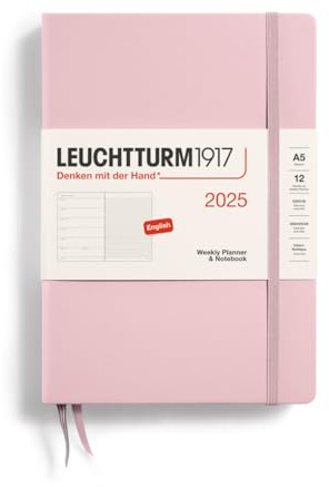 LEUCHTTURM1917 370733 Agenda semanal y cuaderno 2025, tamaño mediano A5, tapa dura, planificador de 12 meses, a rayas, polvo, inglés