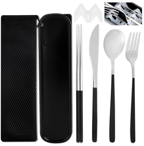 DIYJEP 6 Piezas de Cubiertos para Llevar, Cubiertos de Camping de Acero Inoxidable con Estuche y Bolsa de Almacenamiento, Juego de Cuchillo Tenedor Cuchara Palillos para Trabajo Escuela (Negro Plata)