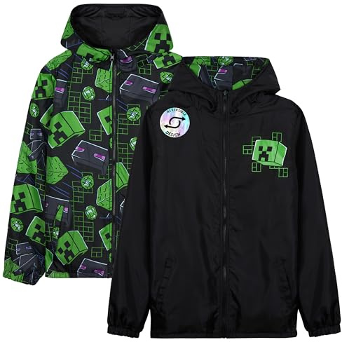 Get Trend Minecraft Rain Coat Boys & Teens, Reversible Water Resistant Jacket, Creeper Lightweight Outerwear, Gamer Gifts for Boys (7-8 Years, Minecraft Reversible)