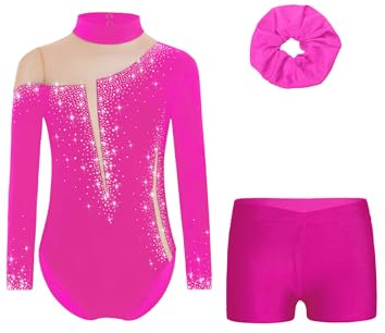 Manyakai Maillot Leotardo de Gimnasia para Niña de Manga Larga de Colorido Brillante con Pantalón Corto de Deporte Traje de Gimnasia Rítmica Disfraz de Bailarina 5-16 Años Rosa intenso A 5-6 años