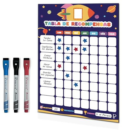 PREVIS Tabla de Recompensas Magnética Infantil A4 (210 x 300 mm) – Pizarra Decorativa de Tareas para Nevera – Organizador Tareas Niños Temática Espacial – Calendario Magnético con 3 Rotuladores