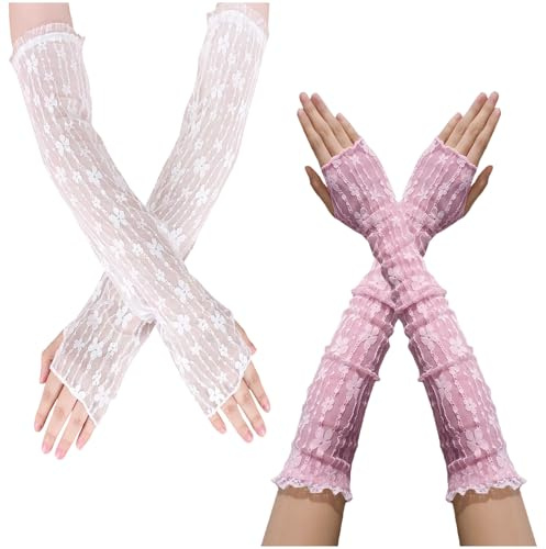 JK Home 2 Paires Manchettes en Dentelle Elastique | Gants avec Trou Respirant Floral Manchon Bras Eté Protection de Soleil Mariage
