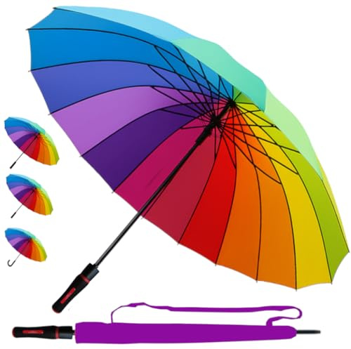 Windproof Strong Umbrella 60MPH - 16 Ribs For Super-Strength - Best Triple Layer Reinforced Frame with Fiberglass - Rainproof Straight Auto Open Rainbow Men Women - Choice of 3 Sizes