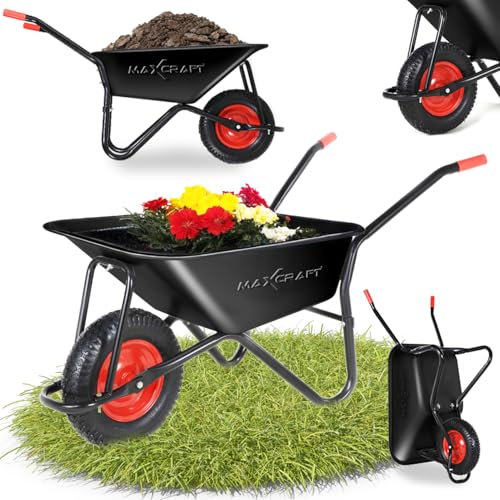 MAXCRAFT Brouette de Chantier 250 kg 100 L Chariot Transport Jardin Pneus avec Chambre à Air Poignée en Caoutchouc Dur - Noir/Rouge - Black Edition