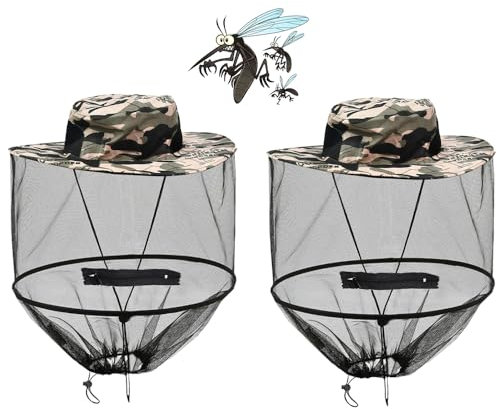 Zuxbolf 2 Stück Hut mit Moskitonetz Imkerhut Faltbar Mückenhut Sonnenhut mit Moskito Kopfnetz Mückenschutz Atmungsaktiv Angelhut Safari Hut Fischerhut für Outdoor Wandern Camping Gartenarbeit Angeln