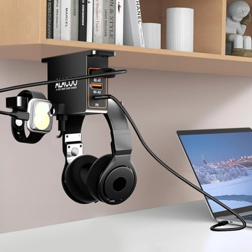 ALACOO Smartwatch & Headset Halterung Doppelter Kopfhörer Ständer mit 3-Port-USB-Ladefunktion (20W PD & QC3.0) für Unter dem Schreibtisch, Selbstklebend Kopfhörerständer für Gaming Headset Zubehör