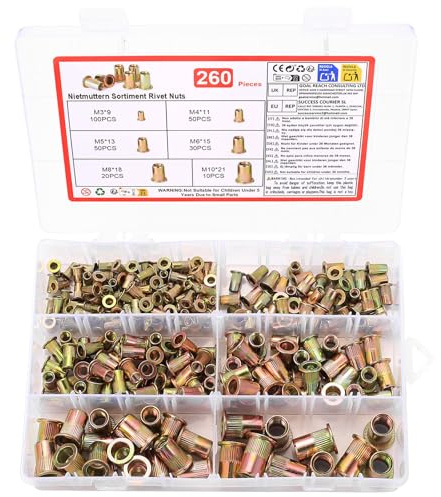 Set di 260 dadi per rivetti, a testa piatta, gamma di dadi monorivetto, M3 M4 M5 M6 M8 M19, dadi filettati Rivets Nutsert, dadi per rivetti ciechi per rivetti, piastre metalliche, tubi ecc