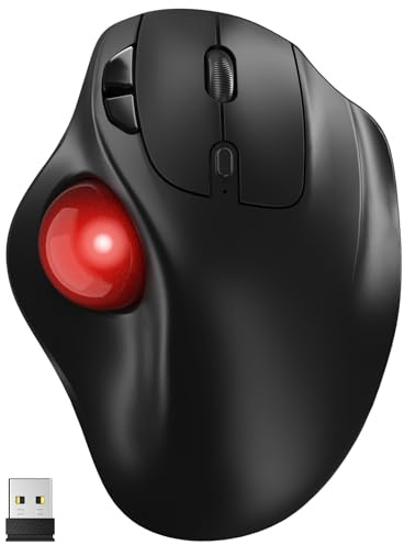 Ergonomic Wireless Trackball Mouse, 3 Device Connection (Bluetooth or 2.4G USB Receiver) Bluetooth Quiet Computer Mouse, 2*AAA Battery Thumb Laptop Mice with 5 Level DPI for PC/Laptop/Mac/Windows Red