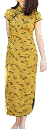 LUZU JUNU Abito estivo da donna cinese Cheongsam con bottone a rana moderno Qipao casual e abito da sposa (US, alfa, S, regolare, giallo scuro), Giallo scuro., S