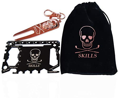 Golfgeschenk-Set: Pitchgabel mit magnetischem Totenkopf-Ballmarker + 46-in-1 Multitool Mehrfachwerkzeug (Kupfer)