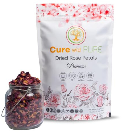 Cure Wid Pure Certified Organic Dried Rose Petals 4 oz Food-Grade Edible Rose Petals for Tea,Cocktails,Baking,Skincare & DIY - Sun-Dried,Non-GMO,Gluten & Chemical-Free Edible Flowers in Resealable Bag