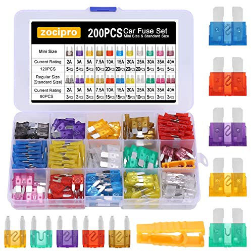 Zocipro 200 Stück Kfz Sicherung Set,120 Mini Flachsicherungen +80Standard kfz Sicherung+1 Sicherungszieher,2A 3A 5A 7.5A 10A 15A 20A 25A 30A 35A 40A, Auto Sicherungen Set,für PKW/LKW und Mehr